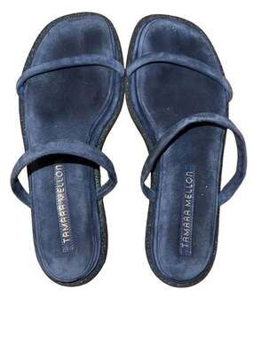 Tamara Mellon Blue Suede Glitter Flat Slide Sandals